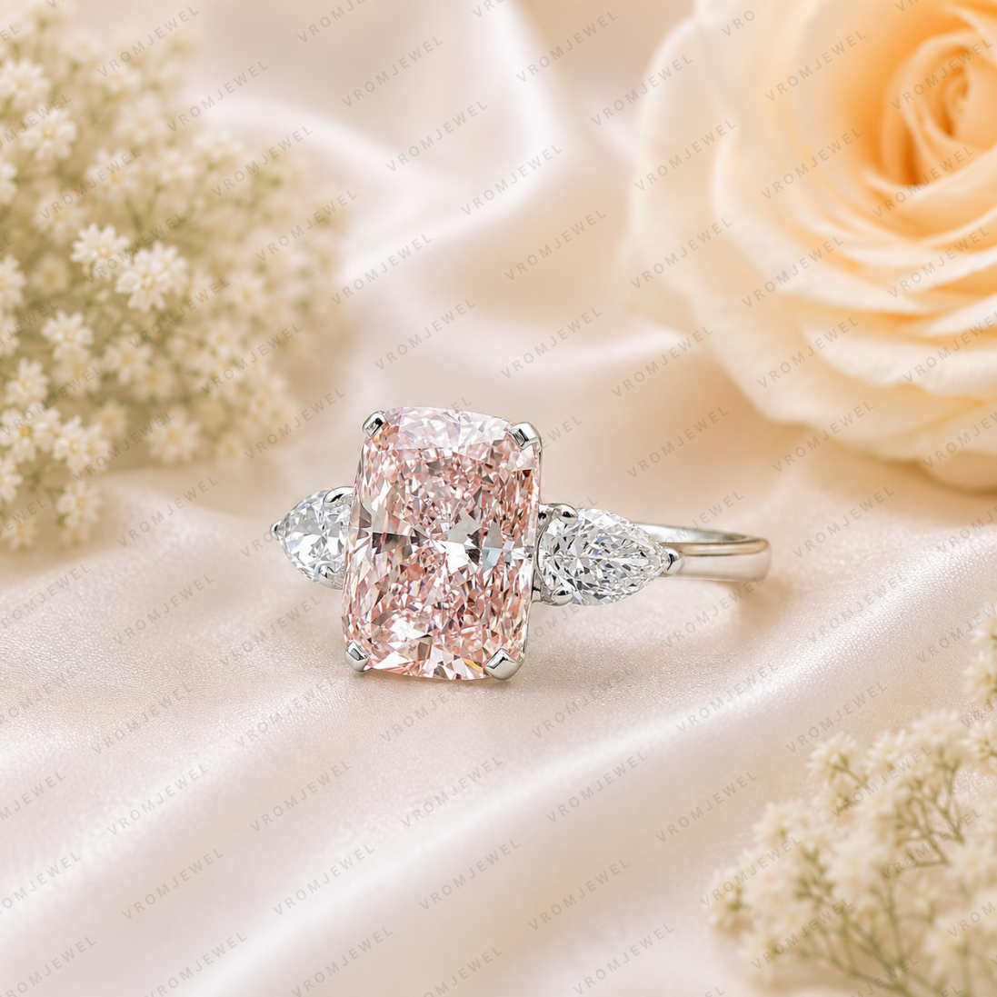 Pink Cushion Cut Lab Grown Diamond Engagement Ring, Vintage Inspired Diamond Ring, Pavé Halo Ring, 10K 14K 18K Gold