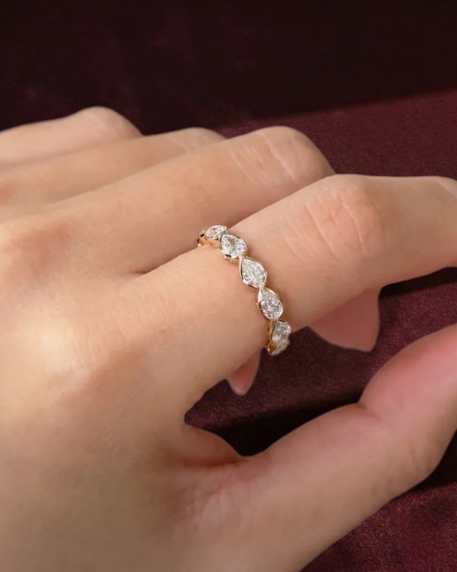 Pear Diamond Half Eternity Band, Bezel Set Pear Diamond Wedding Band, Pear Shape Diamond Anniversary Ring, Stackable Pear Diamond Ring.