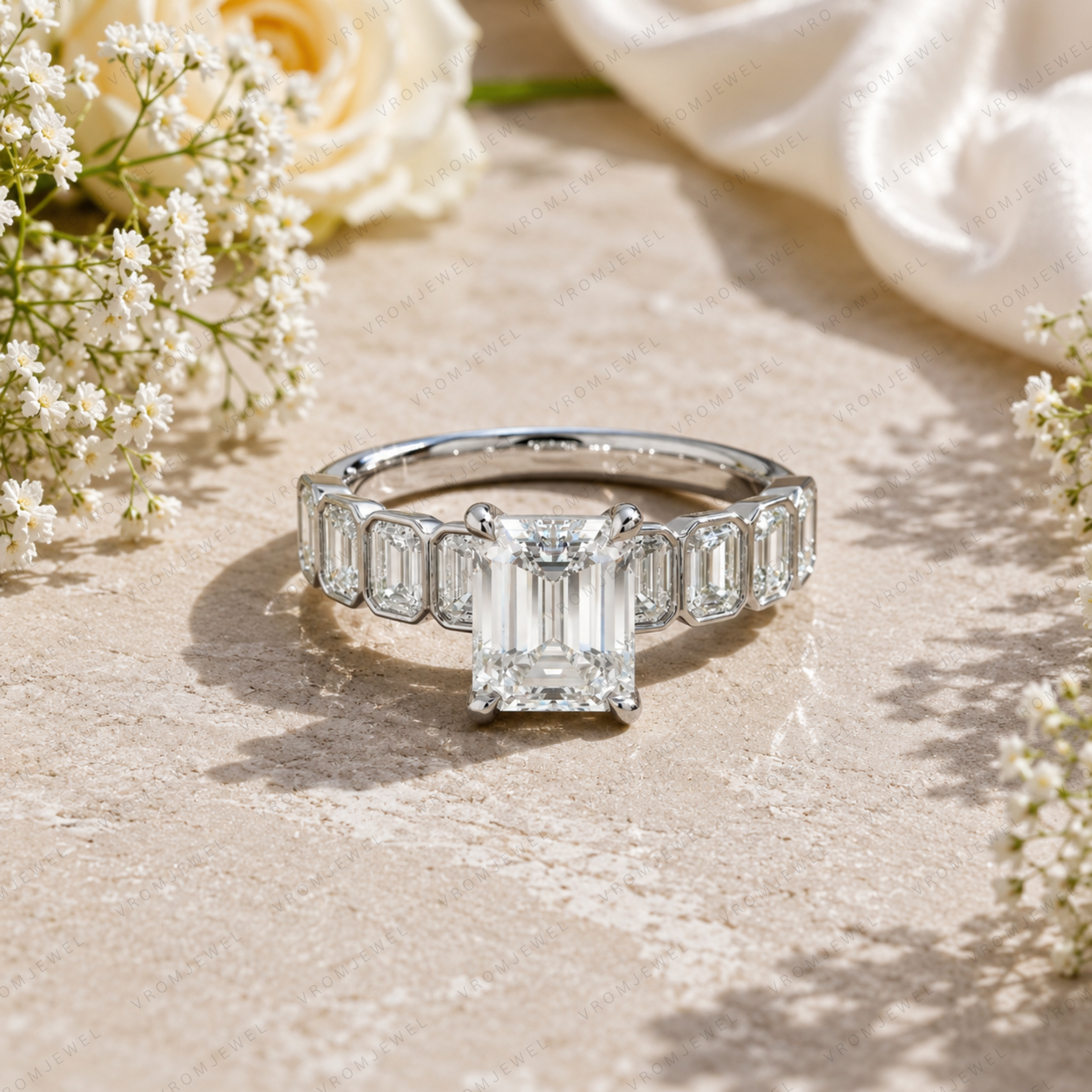 Emerald Cut Lab Grown Diamond Bridal Engagement Ring in Solid 14K Gold