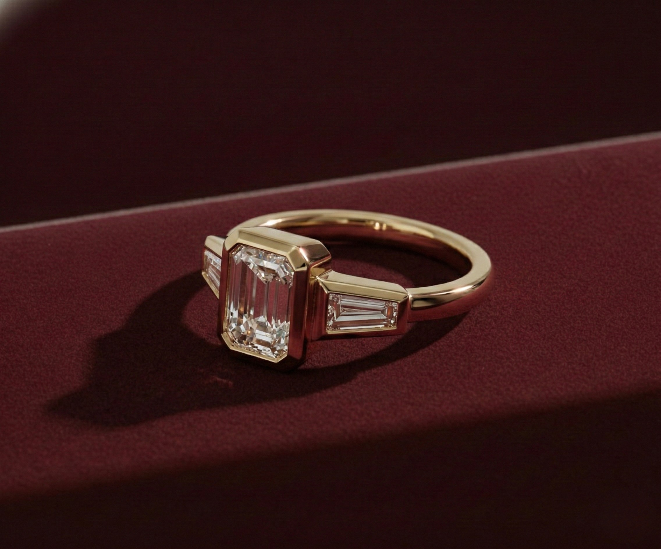 Emerald Cut Lab Grown Diamond Engagement Ring, Tapered Baguette Three Stone Ring, 14K Yellow Gold Bezel Set Ring, IGI Certified