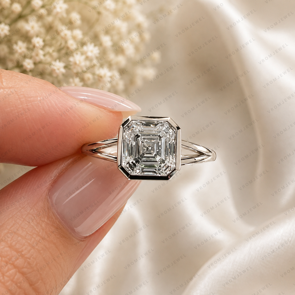 Asscher Cut Lab Grown Diamond Engagement Ring, Bezel Set Solitaire Ring, F Color Diamond, IGI Certified, 10K 14K 18K Gold