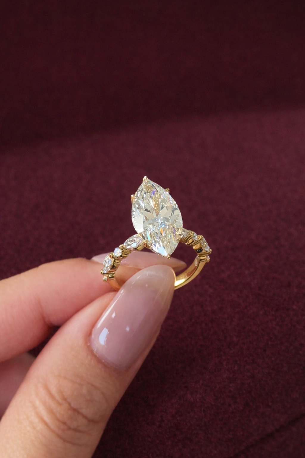 Marquise Diamond Engagement Ring, Marquise Cut Diamond Ring with Marquise & Round Side Stones, Unique Marquise Solitaire Engagement Ring