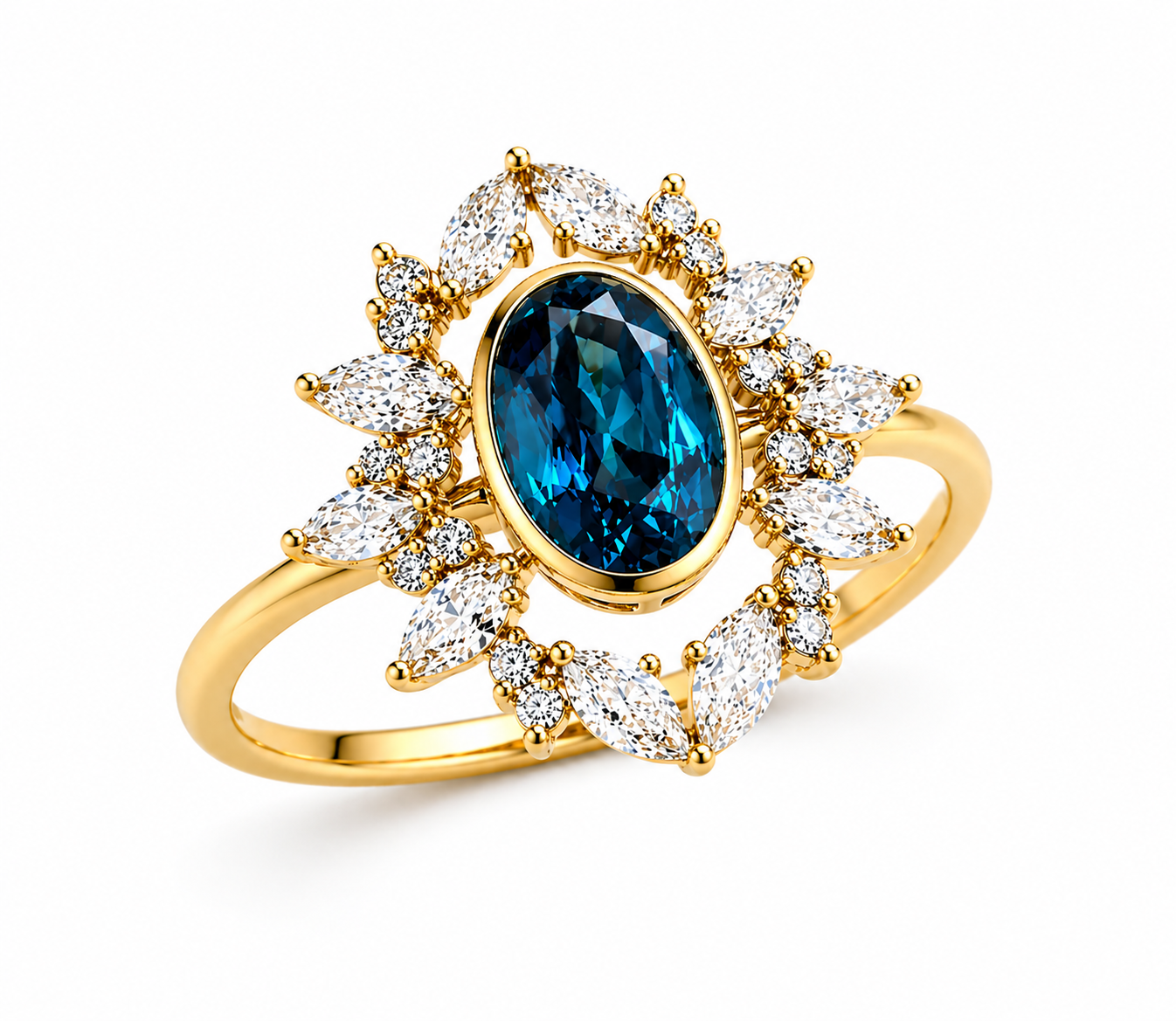London Blue Topaz Nature Inspired Ring | 3.5 CT Oval Gemstone | Marquise & Round Diamond Halo | Vintage Floral Ring | 14K Gold