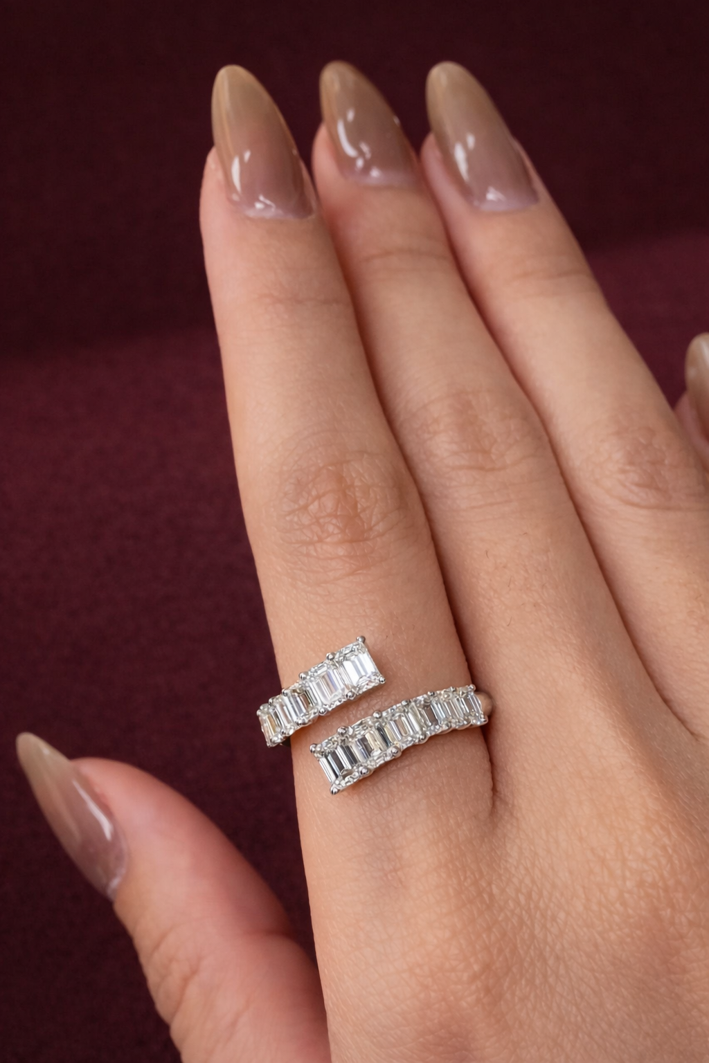 Graduated Emerald Diamond Bypass Ring, Emerald Cut Diamond Twist Ring, Modern Bypass Diamond Engagement Ring, Unique Diamond Statement Ring
