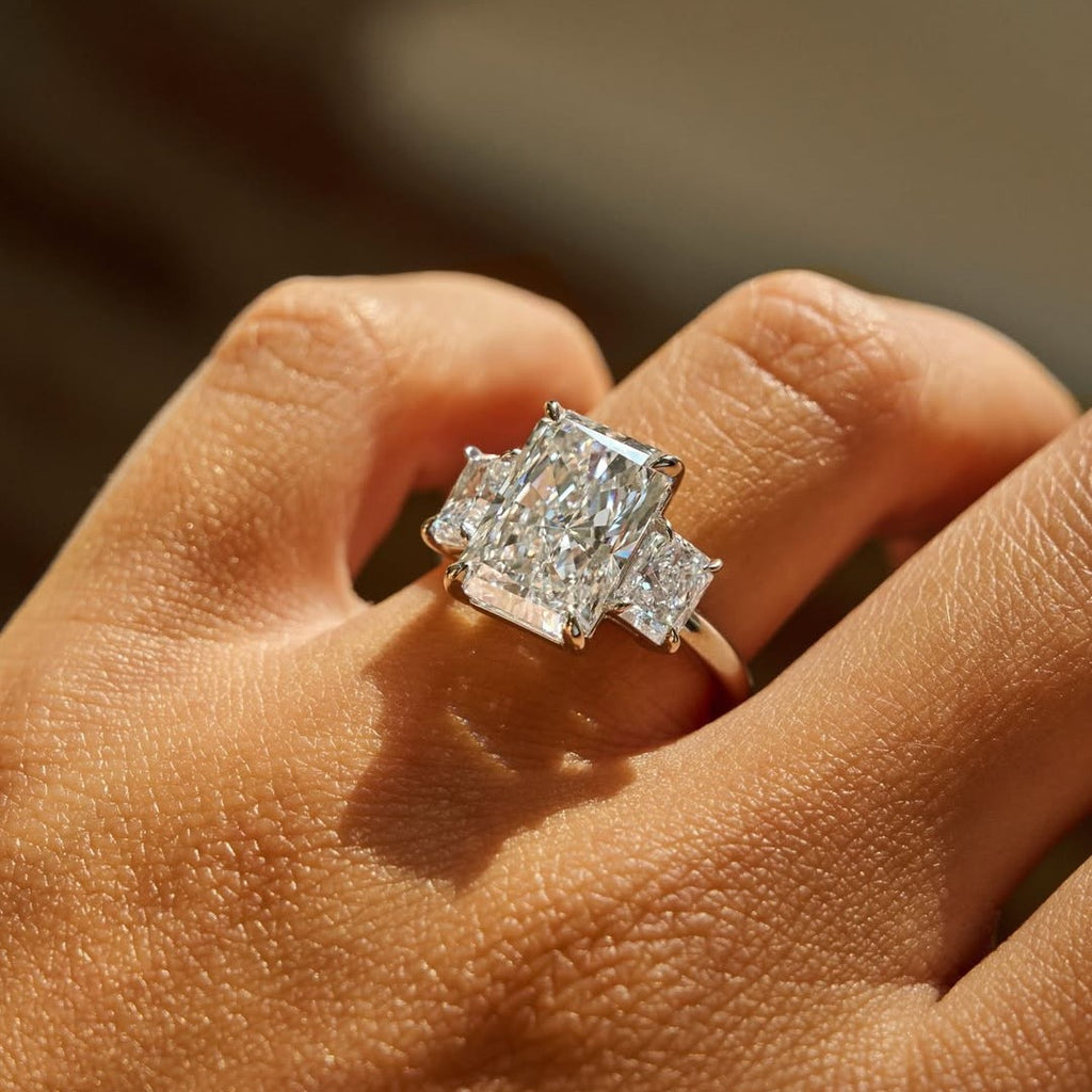 Elegant Radiant 3 Stone Engagement Ring | Lab Grown Diamond | 14K Yellow Gold Classic Style
