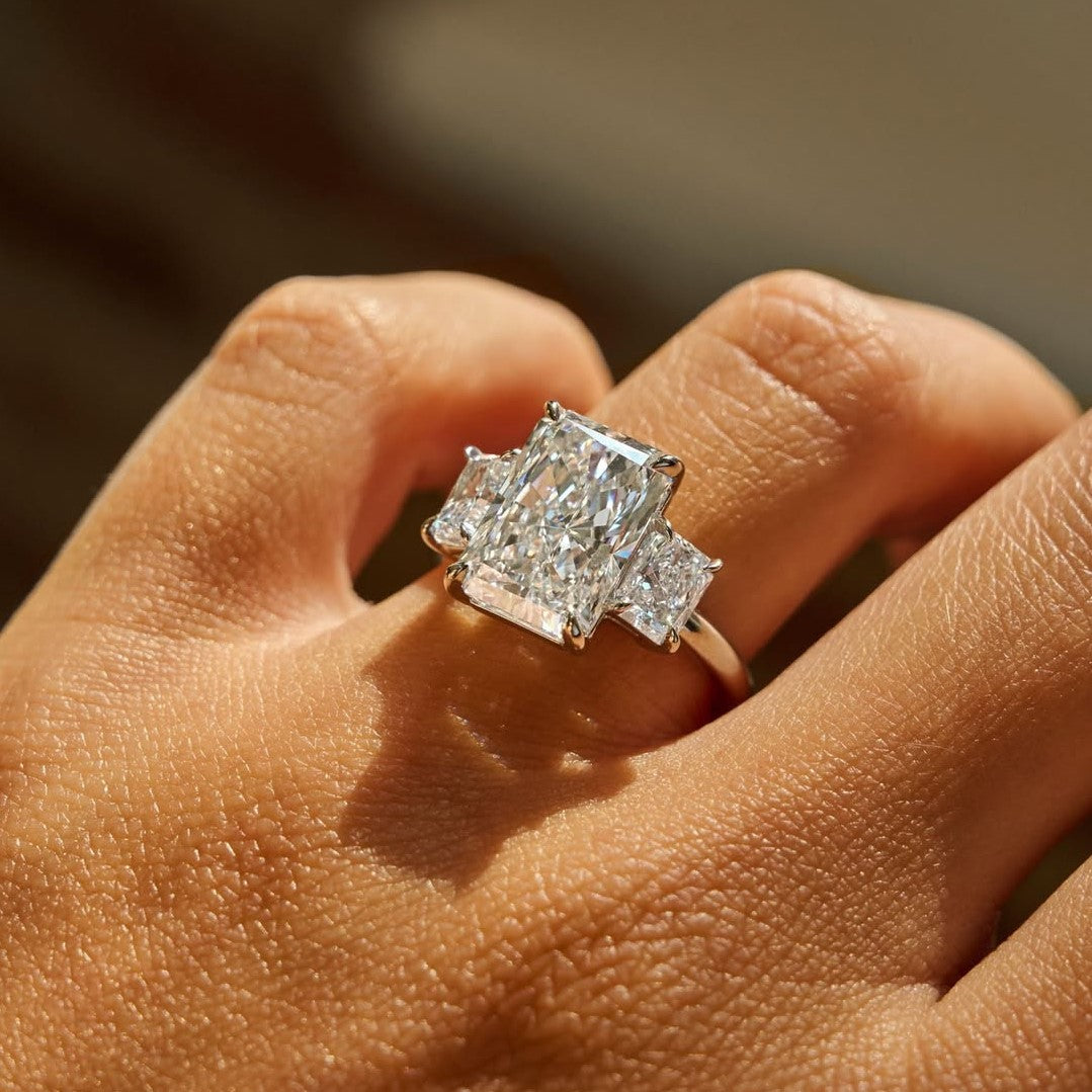 Elegant Radiant 3 Stone Engagement Ring | Lab Grown Diamond | 14K Yellow Gold Classic Style