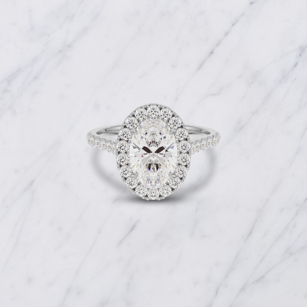 Oval Shape Lab Grown Diamond Halo Engagement Ring with Side Stones in Solid 14K Gold