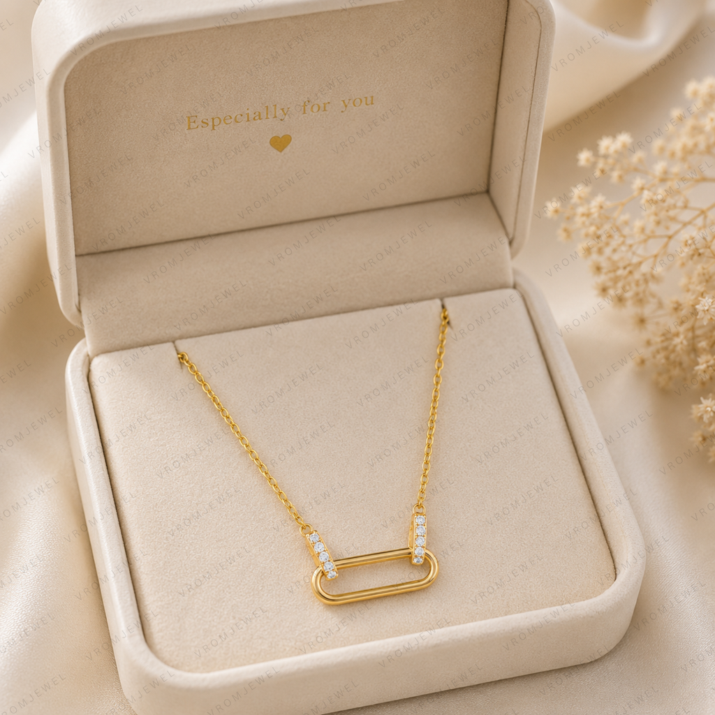 Geometric Link Necklace, Lab Grown Diamond Link Pendant, Paperclip Style Necklace, Solid Gold Necklace, Modern Minimalist Necklace