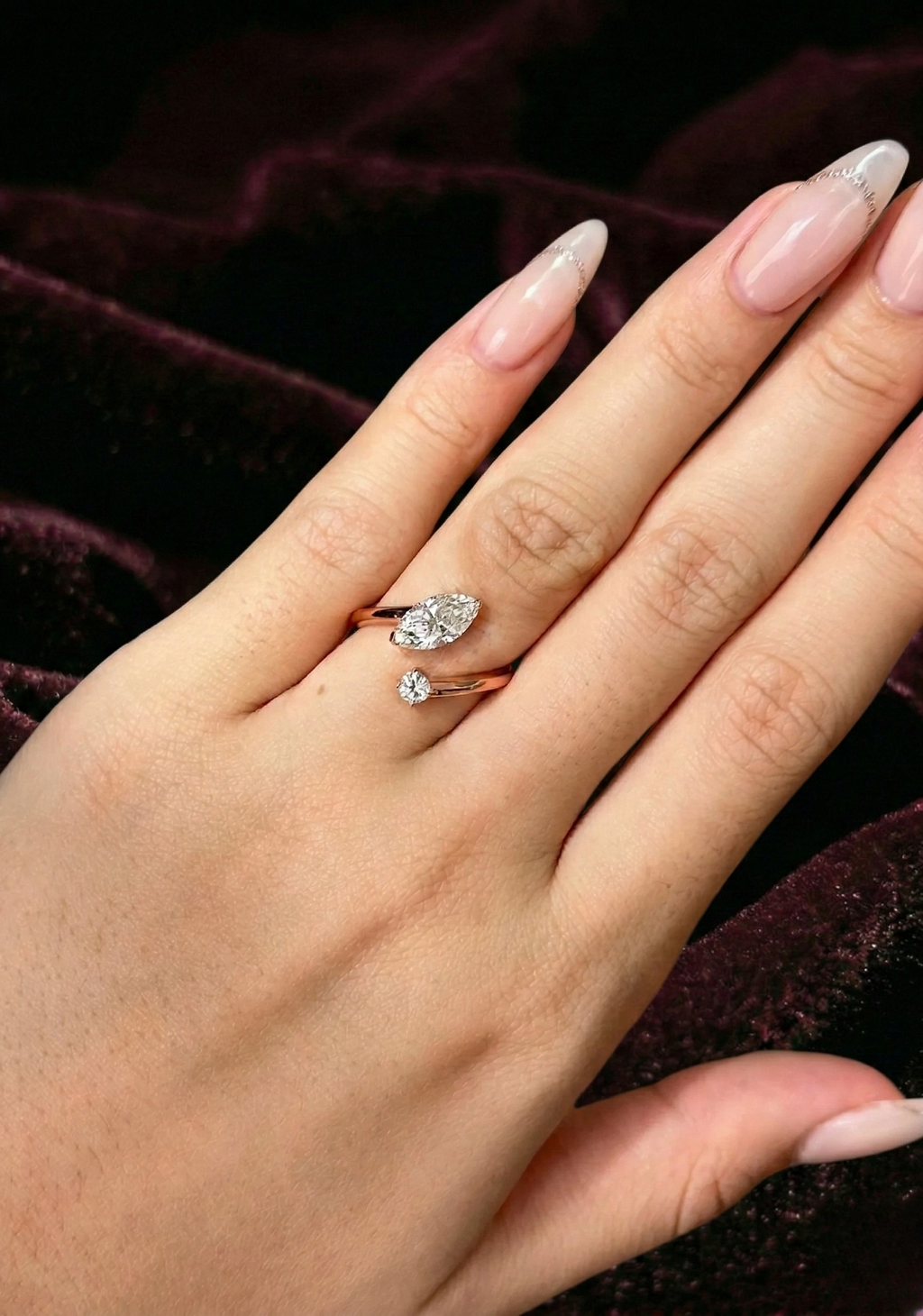 Marquise Lab Grown Diamond Engagement Ring with Round Accent Diamond, Modern Open Diamond Ring, 14K Yellow Gold Statement Ring