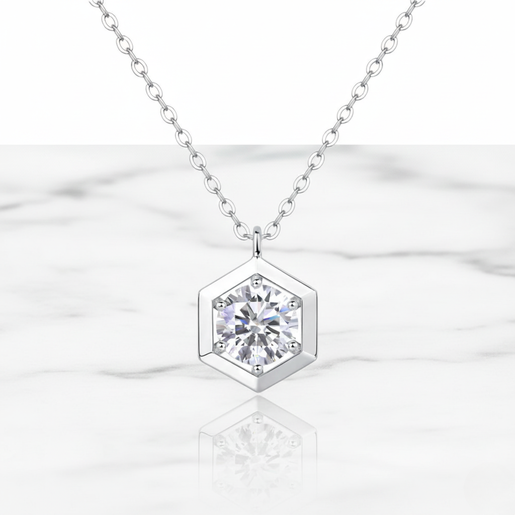 Modern Hexagon Style Round Pendant Necklace | Lab Grown Diamond | 14K Yellow Gold Elegant Style