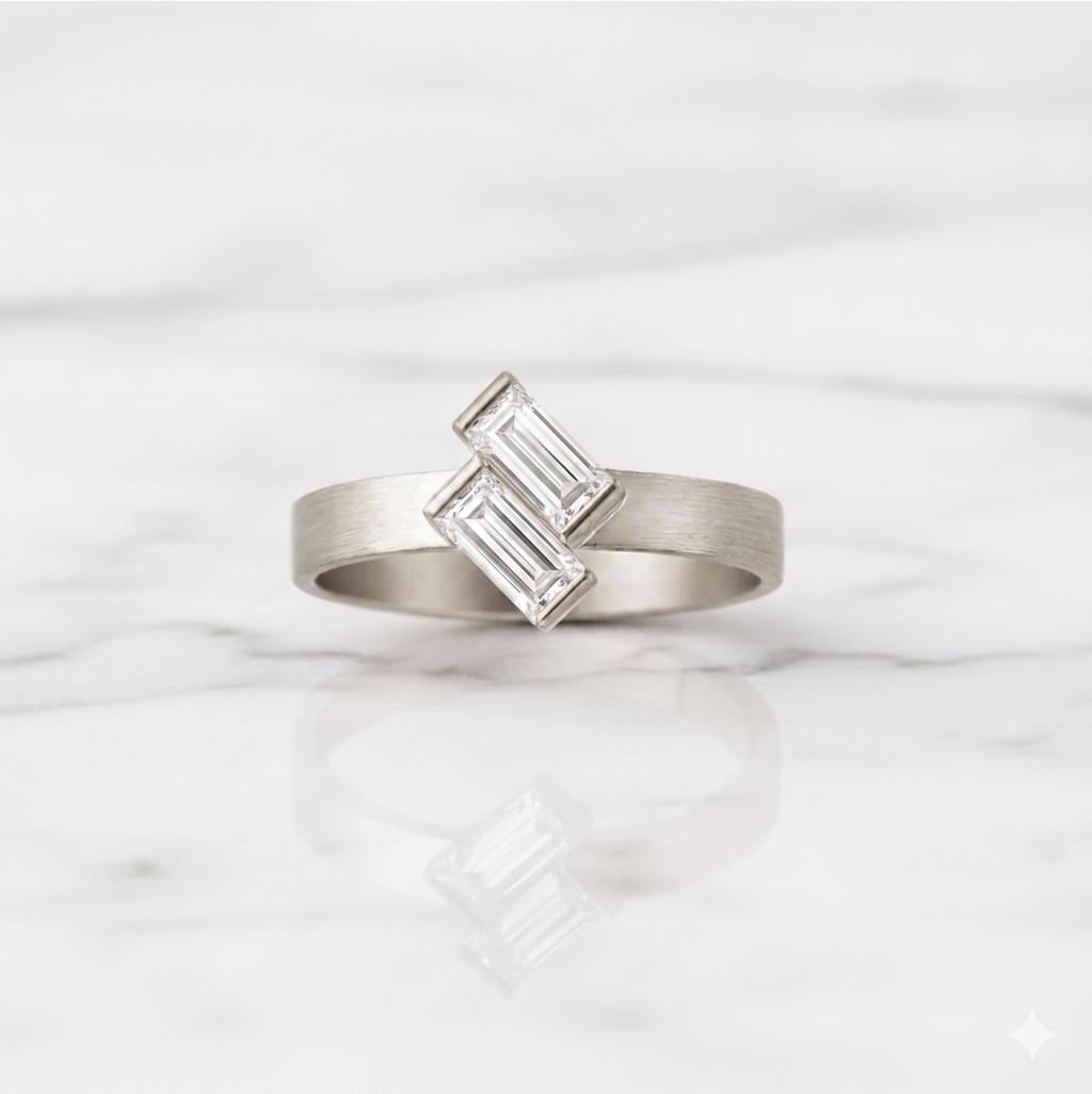 Baguette Cut Ring Matte Finish Semi Bezel | Lab Grown Diamond | 14K Yellow Gold