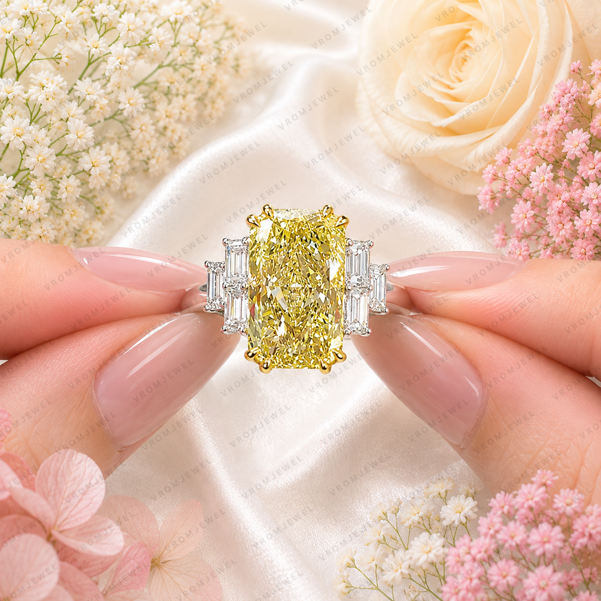 5.00 Carat Yellow Radiant Lab Grown Diamond Ring, Yellow Diamond Engagement Ring, Baguette Diamond Accents, Statement Ring, 10K 14K 18K Gold