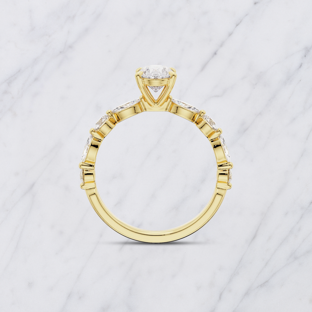 Oval Lab Grown Diamond Engagement Ring with Marquise & Round Halo in Solid 14K Gold