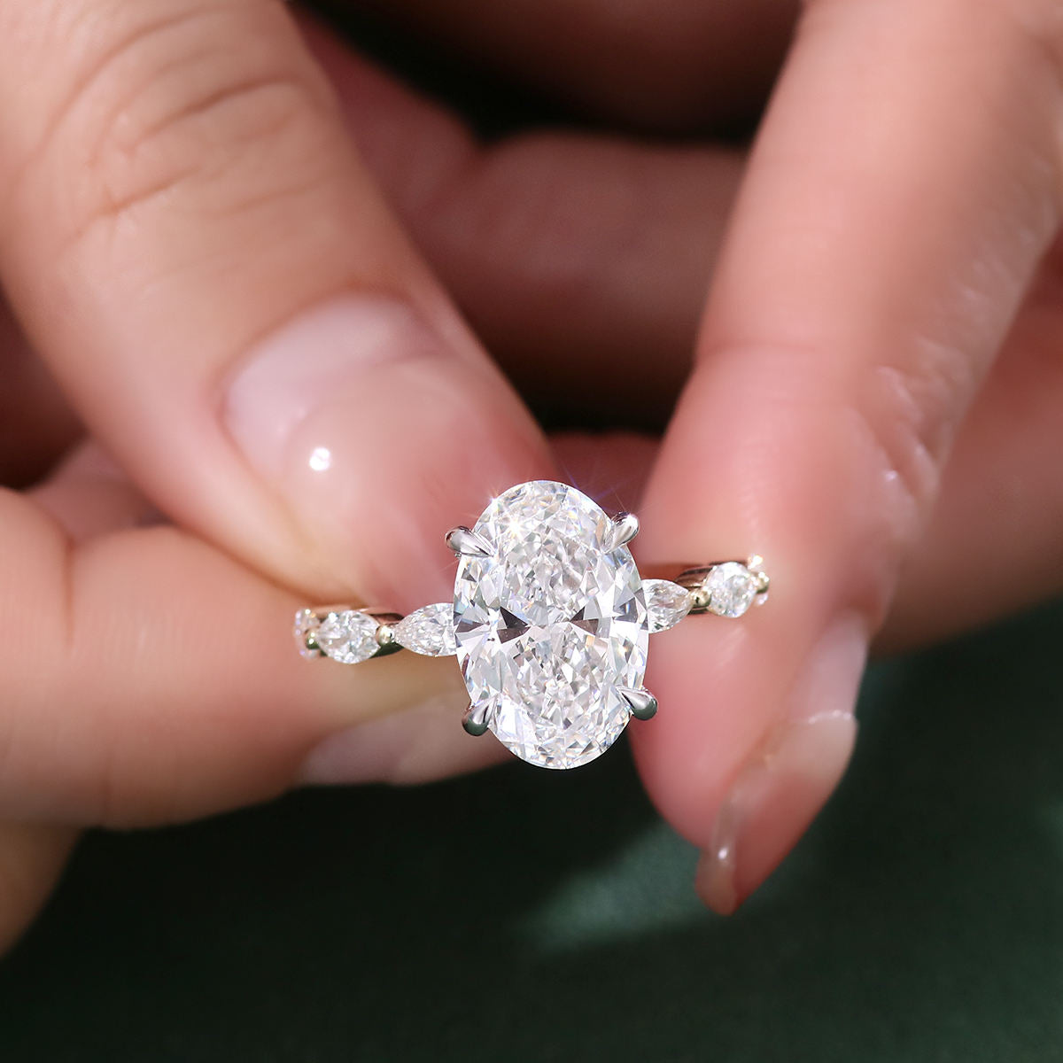 Modern Oval Cut Hidden Halo Half Eternity Ring | Lab Grown Diamond | 14K Yellow Gold