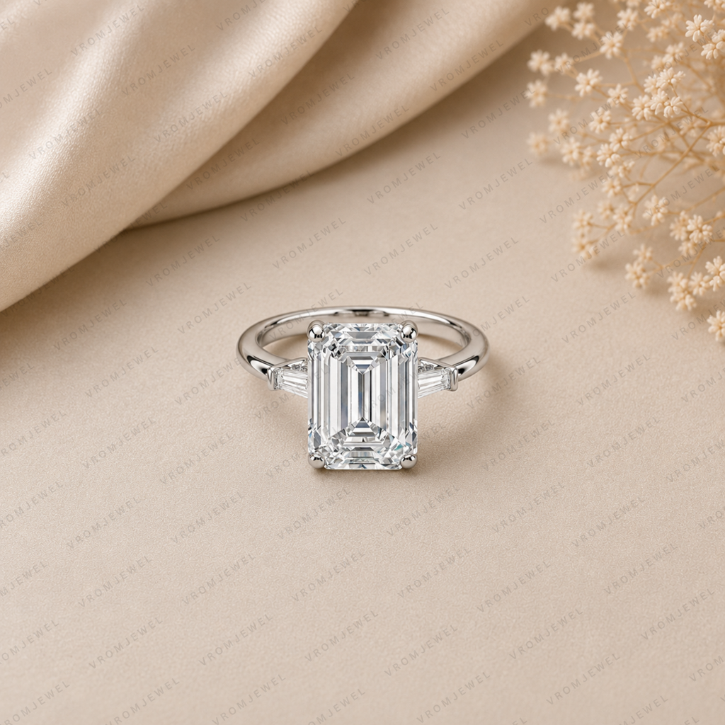 Emerald Cut Lab Grown Diamond Engagement Ring with Tapered Baguette Accents
