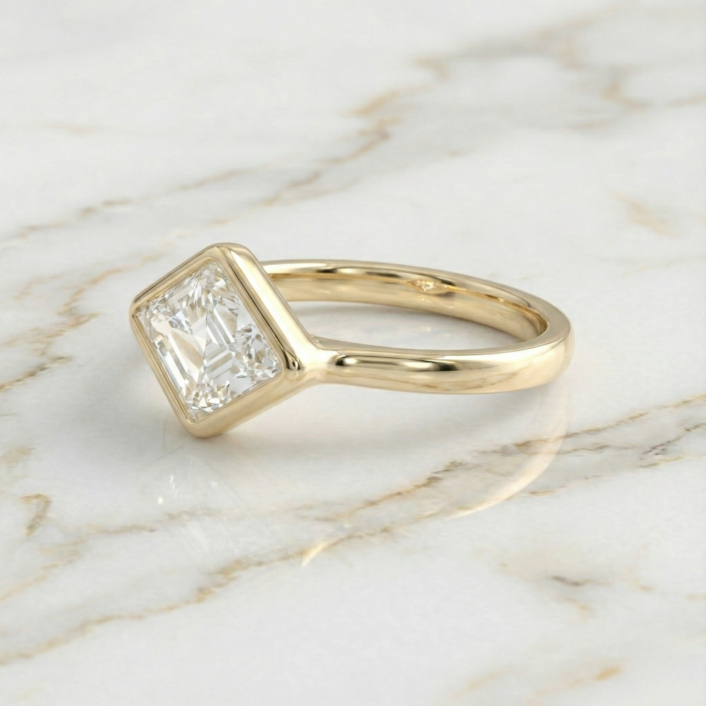 East West Lozenge Cut Bezel Set Solitaire Ring | Lab Grown Diamond | 14K Yellow Gold