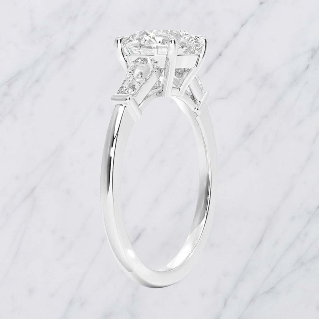 Round Engagement Ring | Lab Grown Diamond | Tapered Baguette Side Stones | 14K Yellow Gold