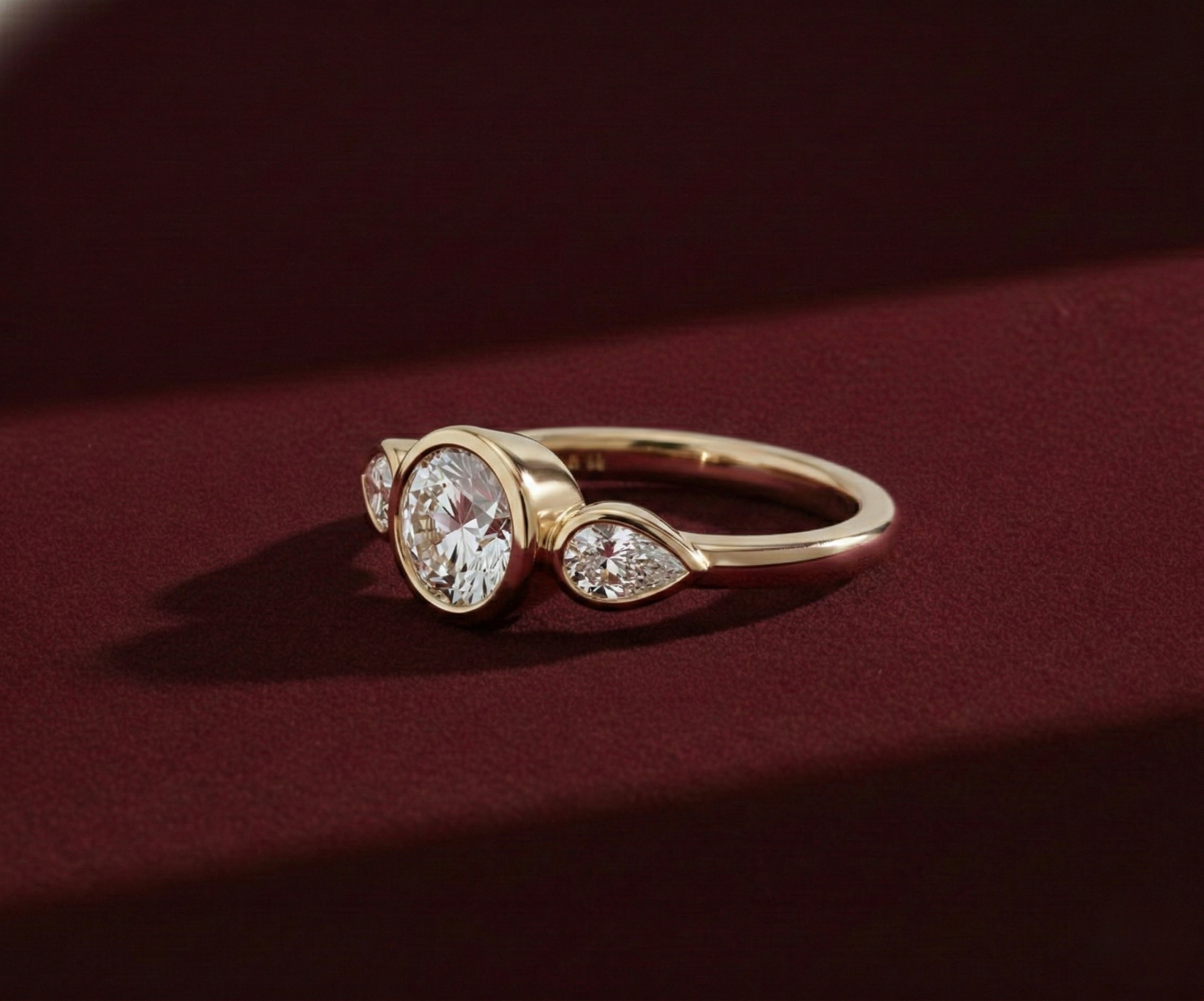 Round Lab Grown Diamond Engagement Ring with Pear Side Stones, Three Stone Bezel Ring, 14K Yellow Gold, IGI Certified Diamond Ring