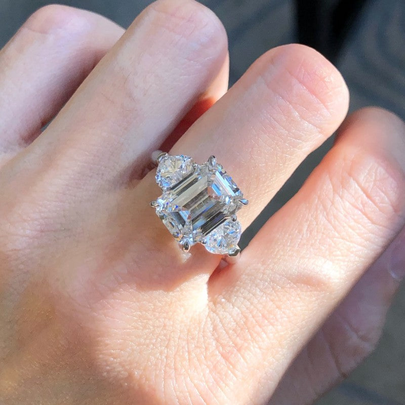 Emerald Cut Three Stone Ring Heart Shape Side Stones | Lab Grown Diamond | 14K Yellow Gold