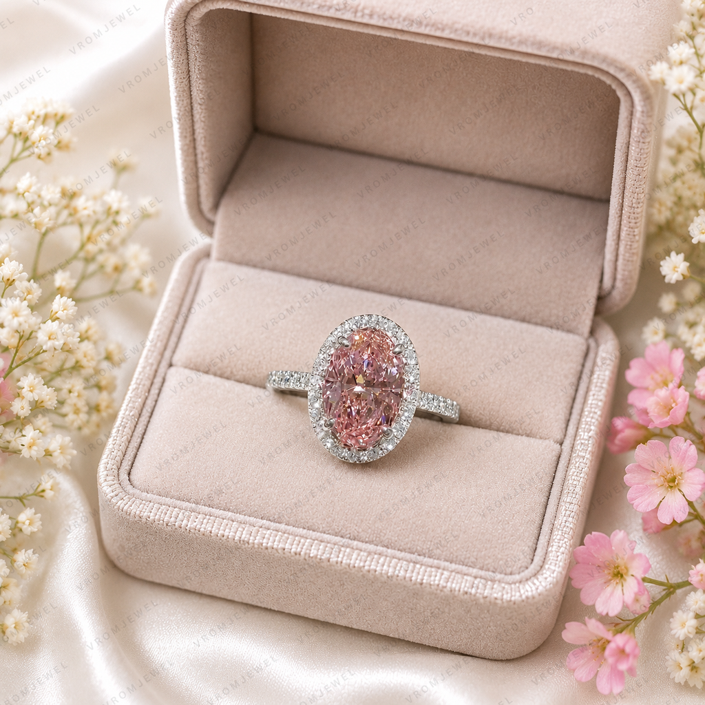 Pink Oval Lab Grown Diamond Engagement Ring, 2.50 Carat Pink Diamond Ring, Oval Halo Ring, Pave Diamond Band, Vintage Inspired Ring, 10K 14K