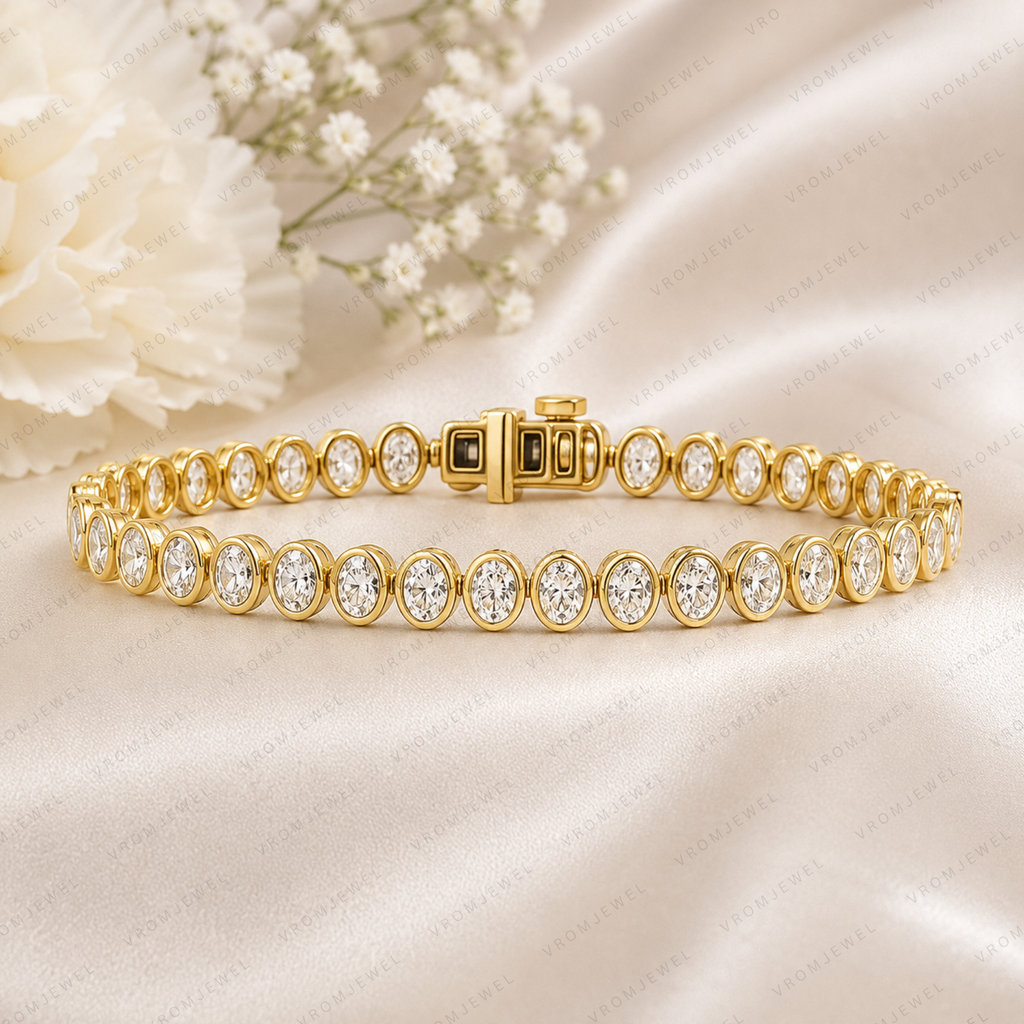 Oval Lab Grown Diamond Tennis Bracelet in Bezel-Set Solid 14K Gold