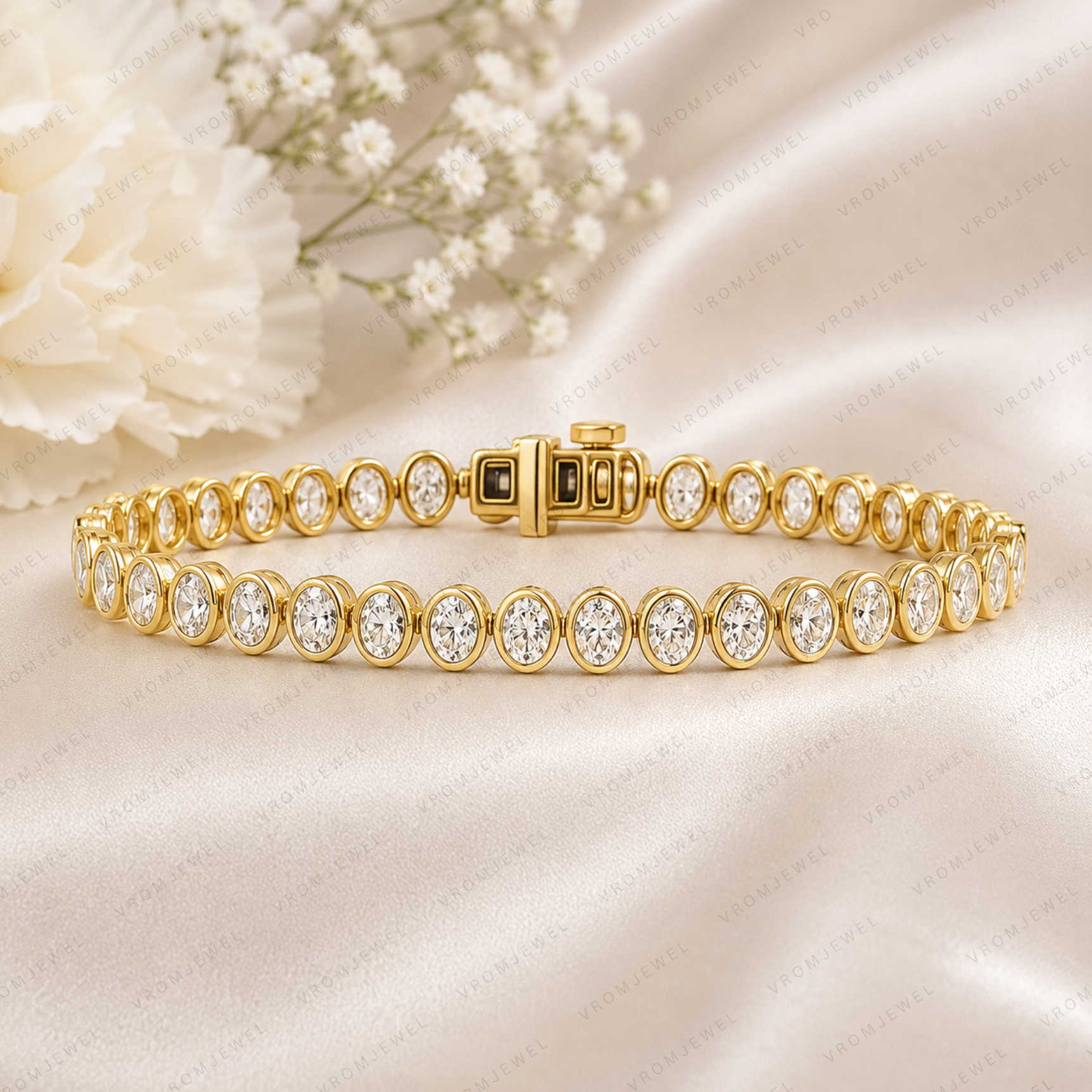 Oval Lab Grown Diamond Tennis Bracelet in Bezel-Set Solid 14K Gold
