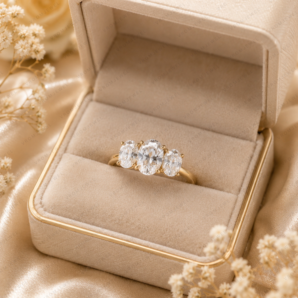 Three Stone Oval Engagement Ring | Lab Grown Diamond | 14K Yellow Gold Classic Bridal Ring