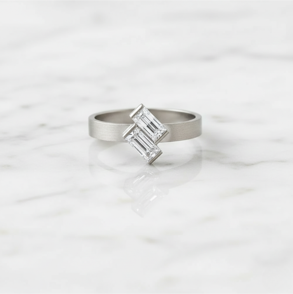 Baguillion Cut Ring Matte Finish Semi Bezel | Lab Grown Diamond | 14K Yellow Gold
