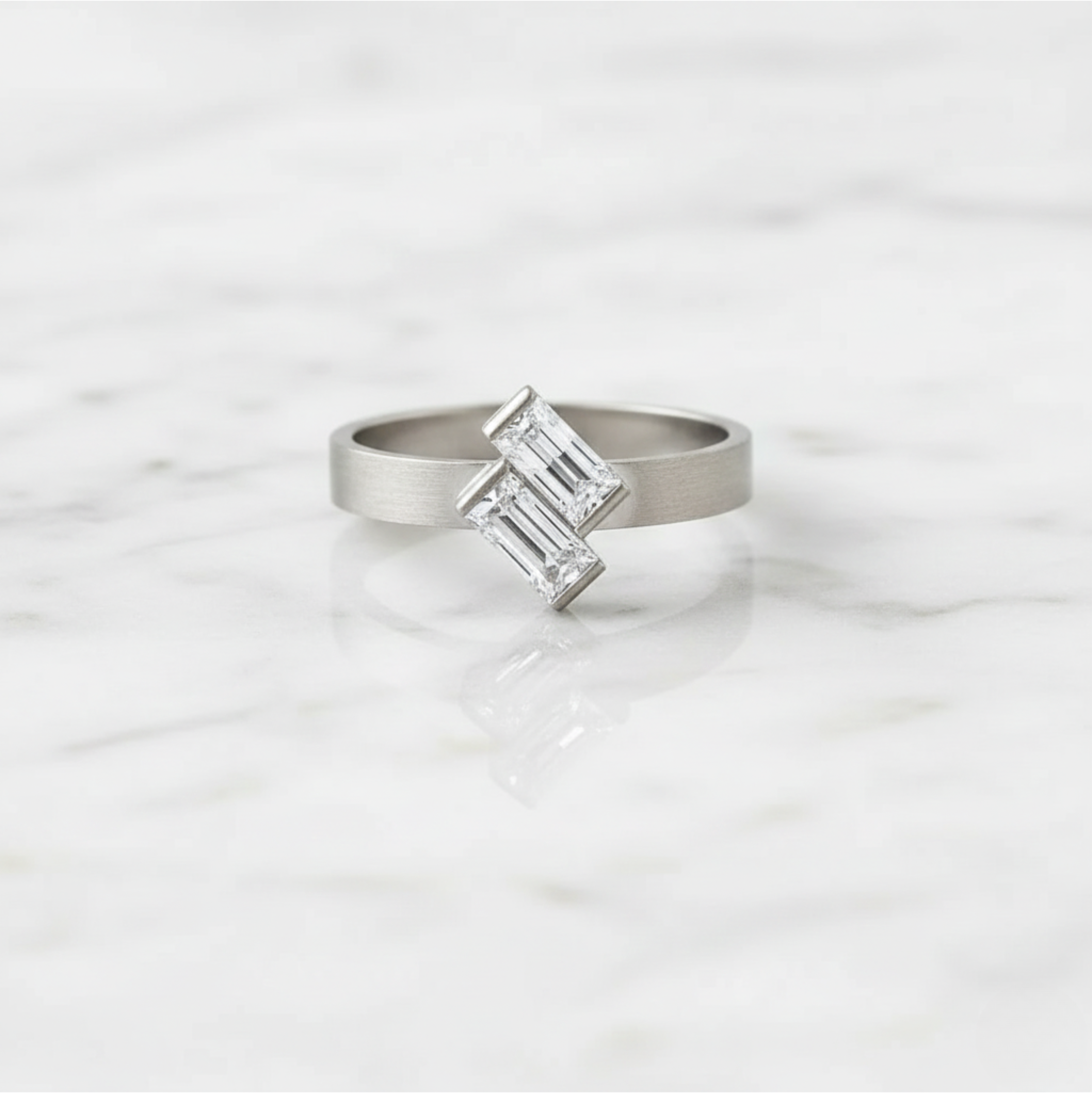 Baguillion Cut Ring Matte Finish Semi Bezel | Lab Grown Diamond | 14K Yellow Gold