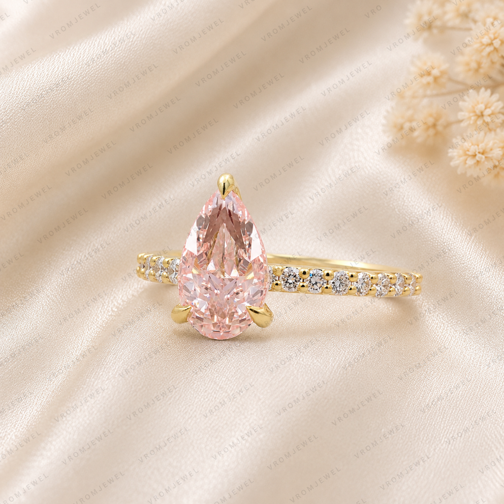 Pink Pear Shape Lab Grown Diamond Engagement Ring, Pink Diamond Solitaire Ring, Minimalist Diamond Ring, 10K 14K 18K Gold