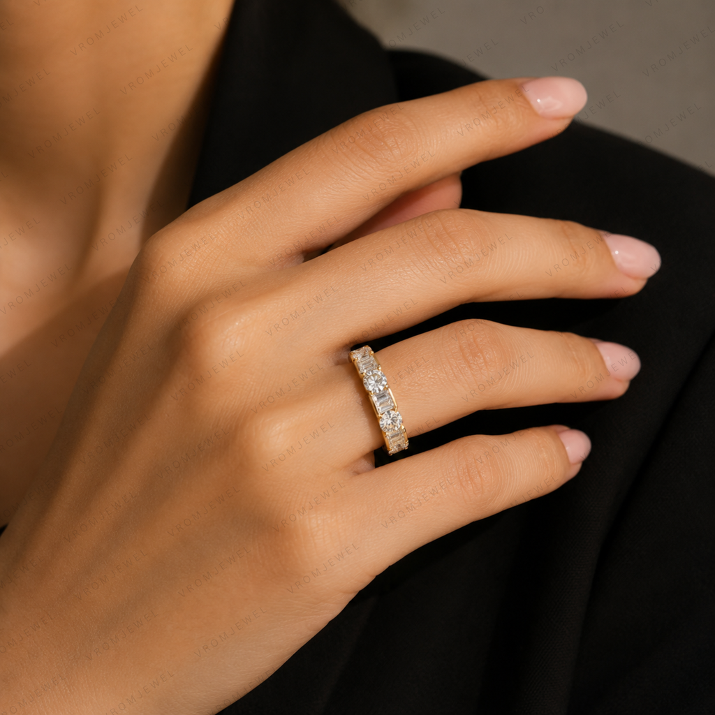 Lab Grown Diamond Eternity Band: 14K Gold Alternating Round & Baguette Anniversary Ring