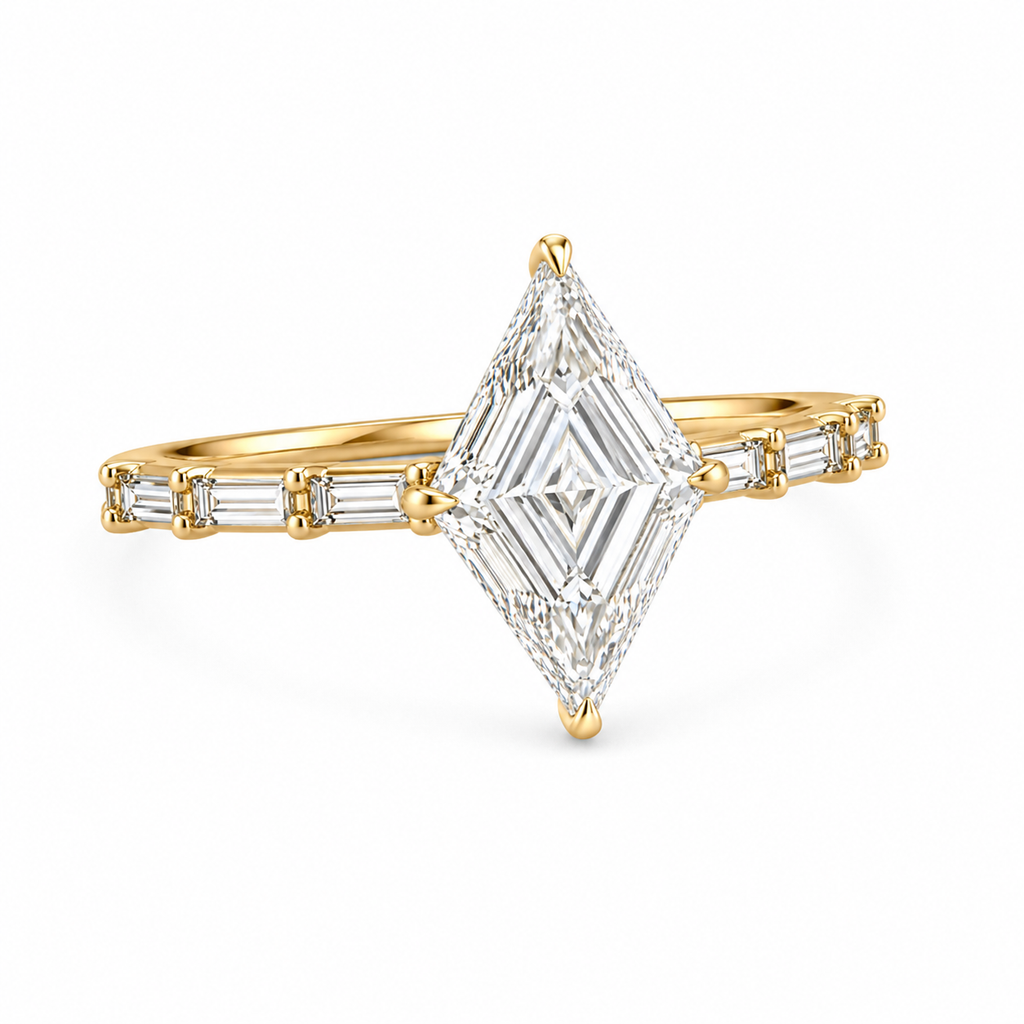 Lozenge Shape Lab Grown Diamond Ring | 2 CT | Baguette Pave Band | Geometric Modern Engagement Ring | 14K Gold