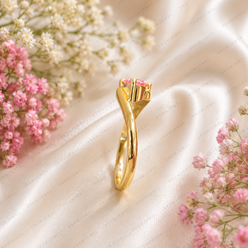 Pink Marquise Lab Grown Diamond Engagement Ring, 1.30 Carat Pink Diamond Ring, Minimalist Solitaire Ring, Unique Curved Setting, 10K 14K