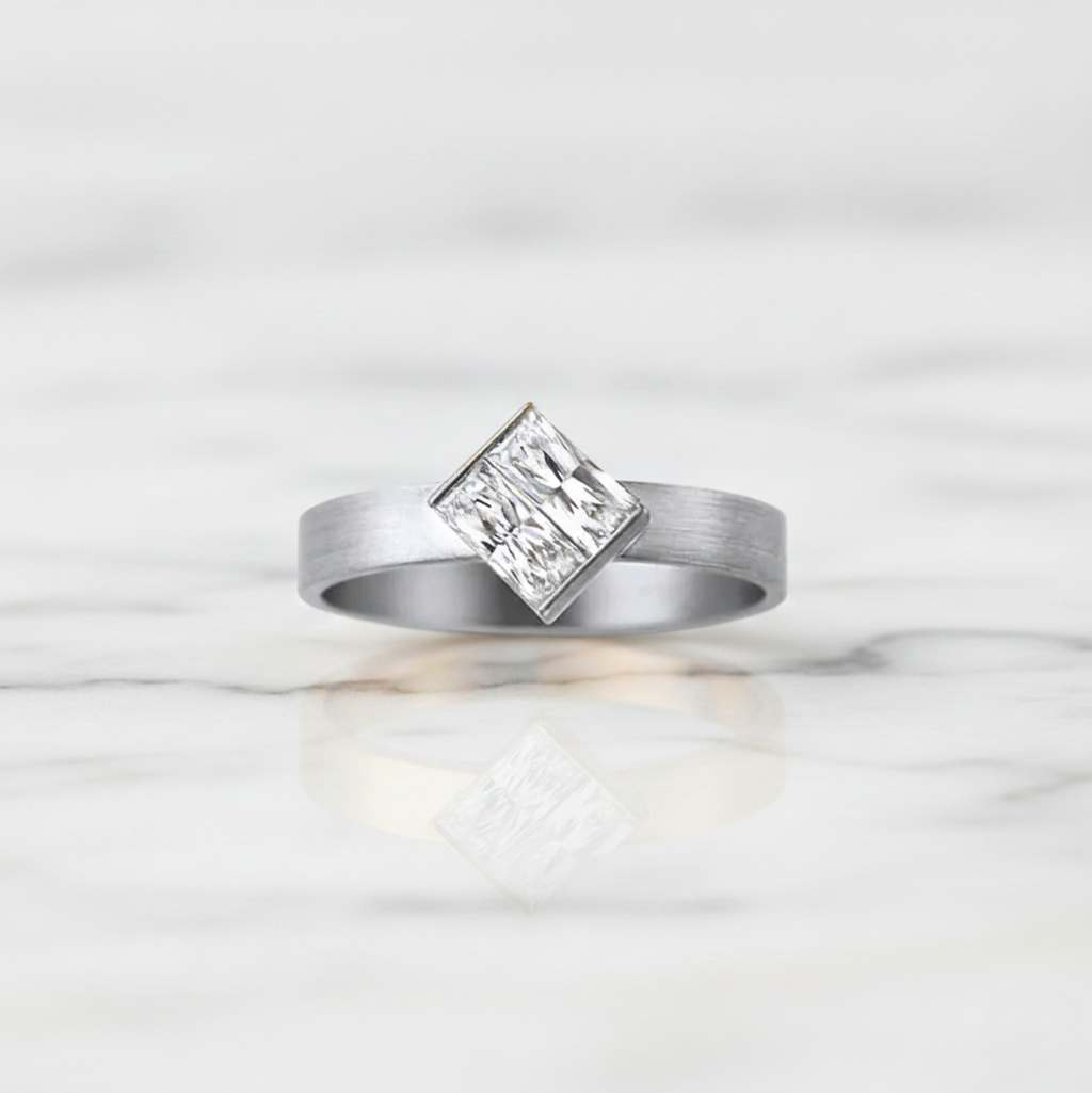 Baguillion Cut Diamond Ring Modern Matte Semi Bezel | Lab Grown Diamond | 14K Yellow Gold