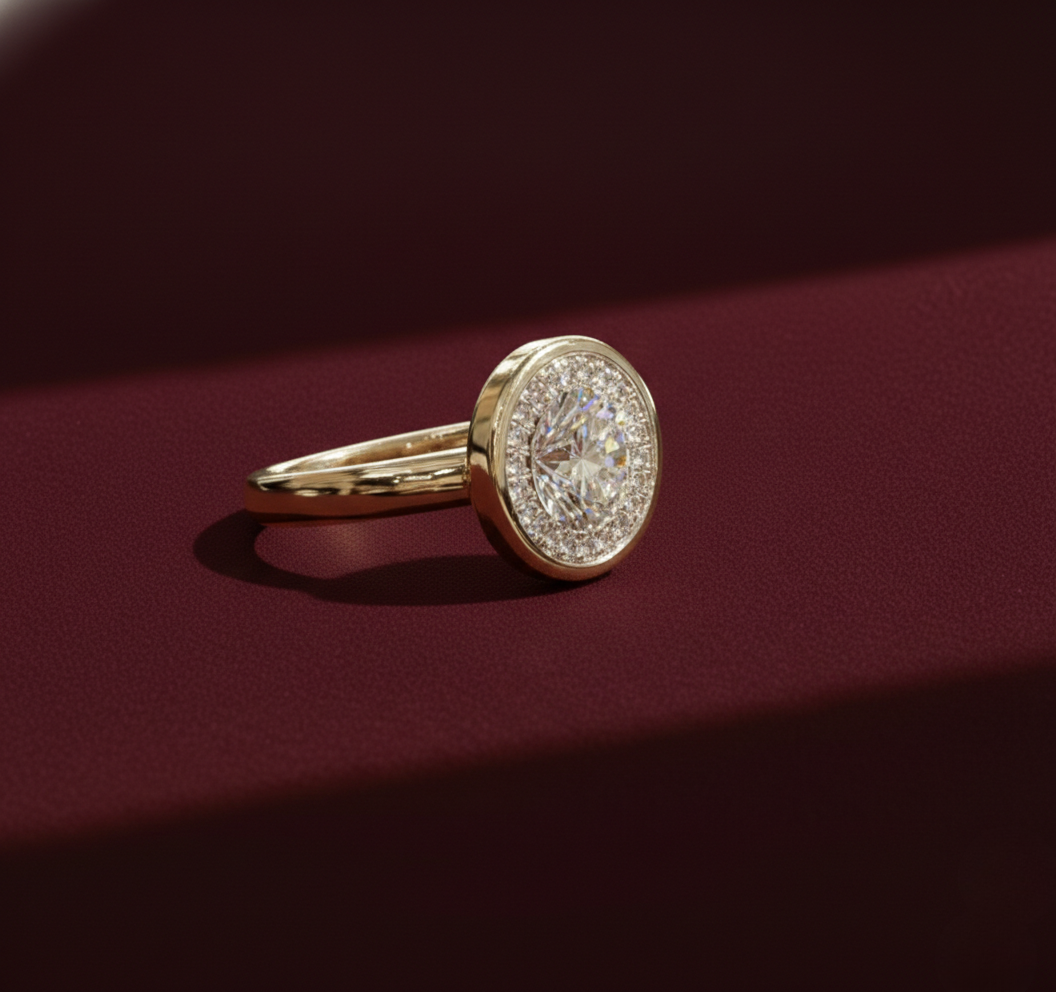 Round Lab Grown Diamond Halo Engagement Ring, Bezel Set Diamond Ring, 14K Yellow Gold, Statement Diamond Ring, IGI Certified