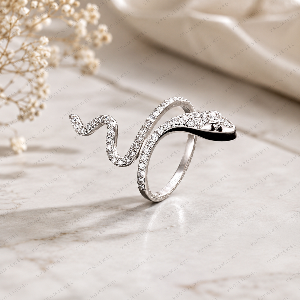 Snake Lab Grown Diamond Ring, Diamond Snake Ring, Serpent Wrap Ring, Solid Gold Snake Ring, Open Wrap Ring, Minimalist Statement Ring