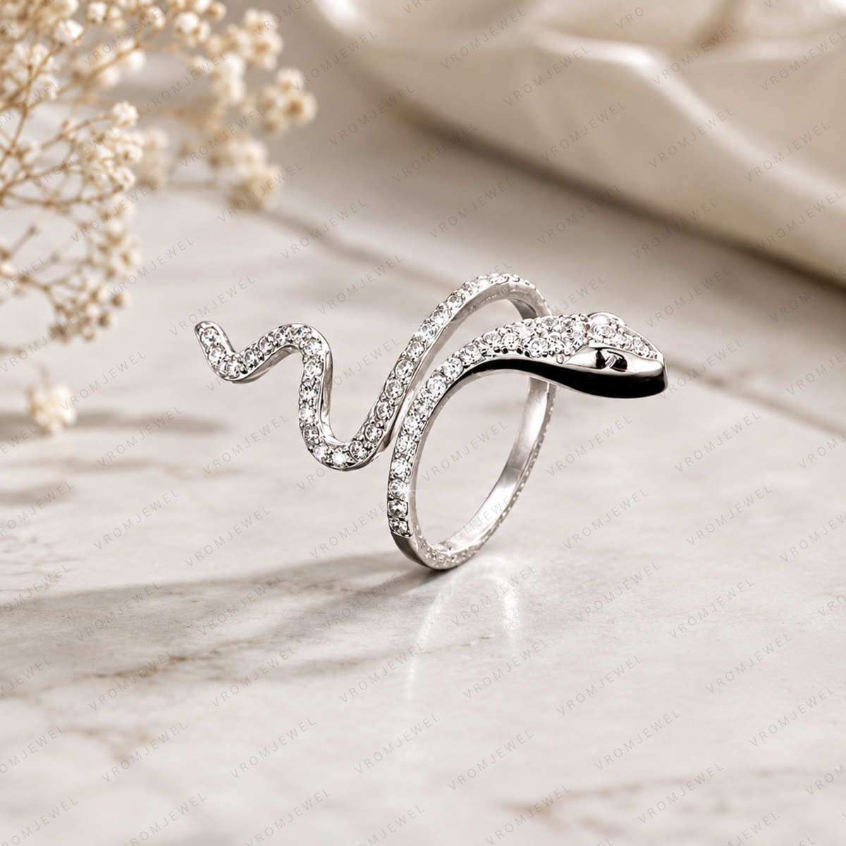 Snake Lab Grown Diamond Ring, Diamond Snake Ring, Serpent Wrap Ring, Solid Gold Snake Ring, Open Wrap Ring, Minimalist Statement Ring
