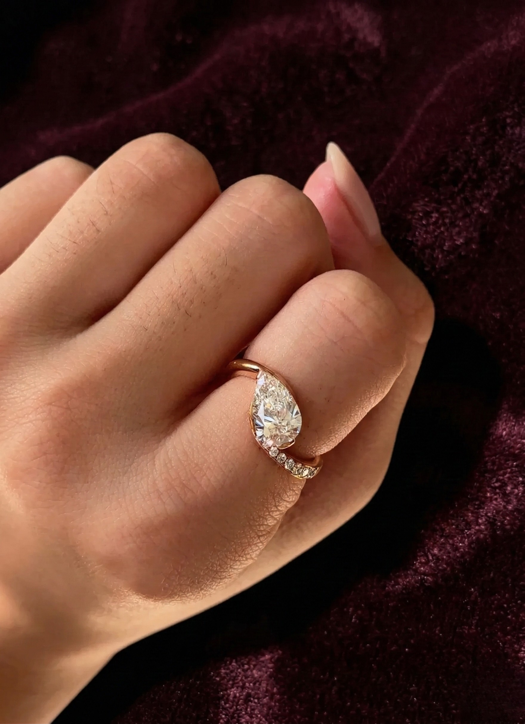 Pear Lab Grown Diamond Engagement Ring, 1.55 Carat Pear Diamond Ring with Side Diamonds, Modern Bypass Diamond Ring, Unique Proposal Ring