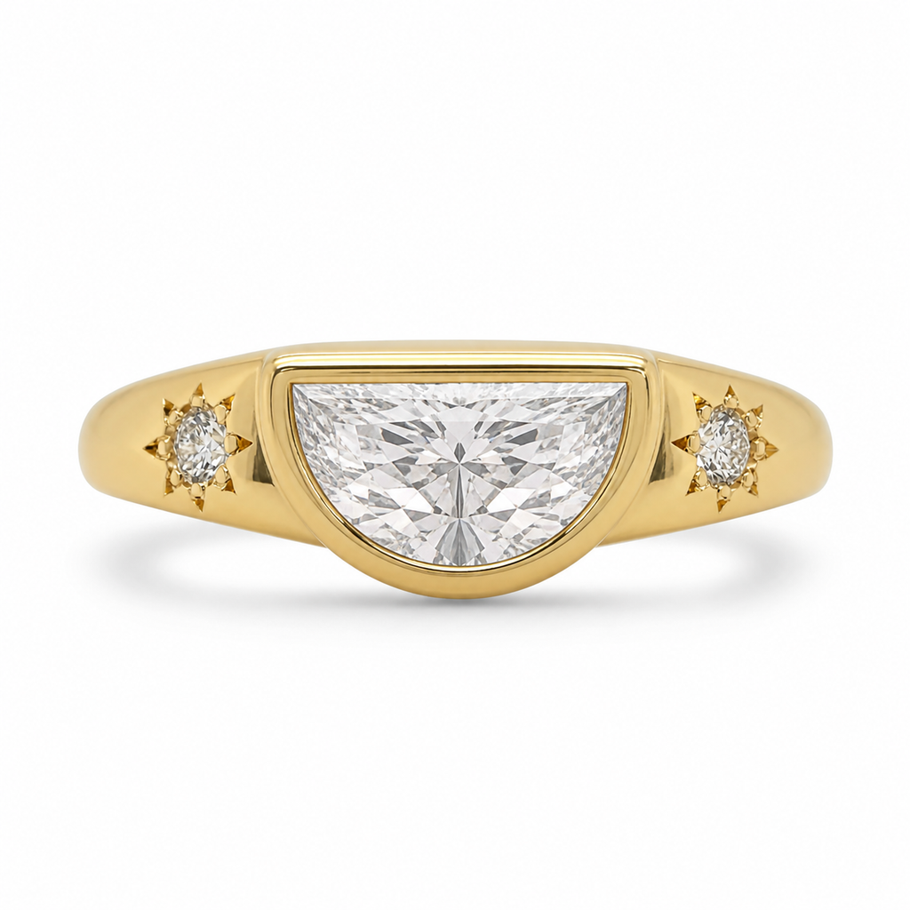 Half Moon Diamond Signet Ring, Modern Lab Grown Diamond Ring, Geometric Gold Signet Ring, Minimal Statement Ring, Unique Diamond Ring