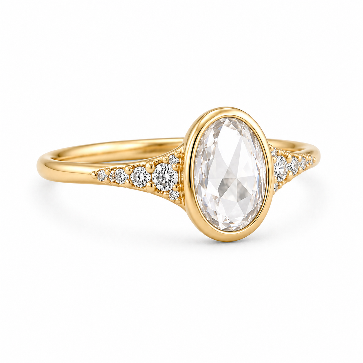 Oval Rose Cut Lab Grown Diamond Ring | 1 CT | Bezel Setting | Graduated Side Accents | Art Deco Vintage Engagement Ring | 14K Gold