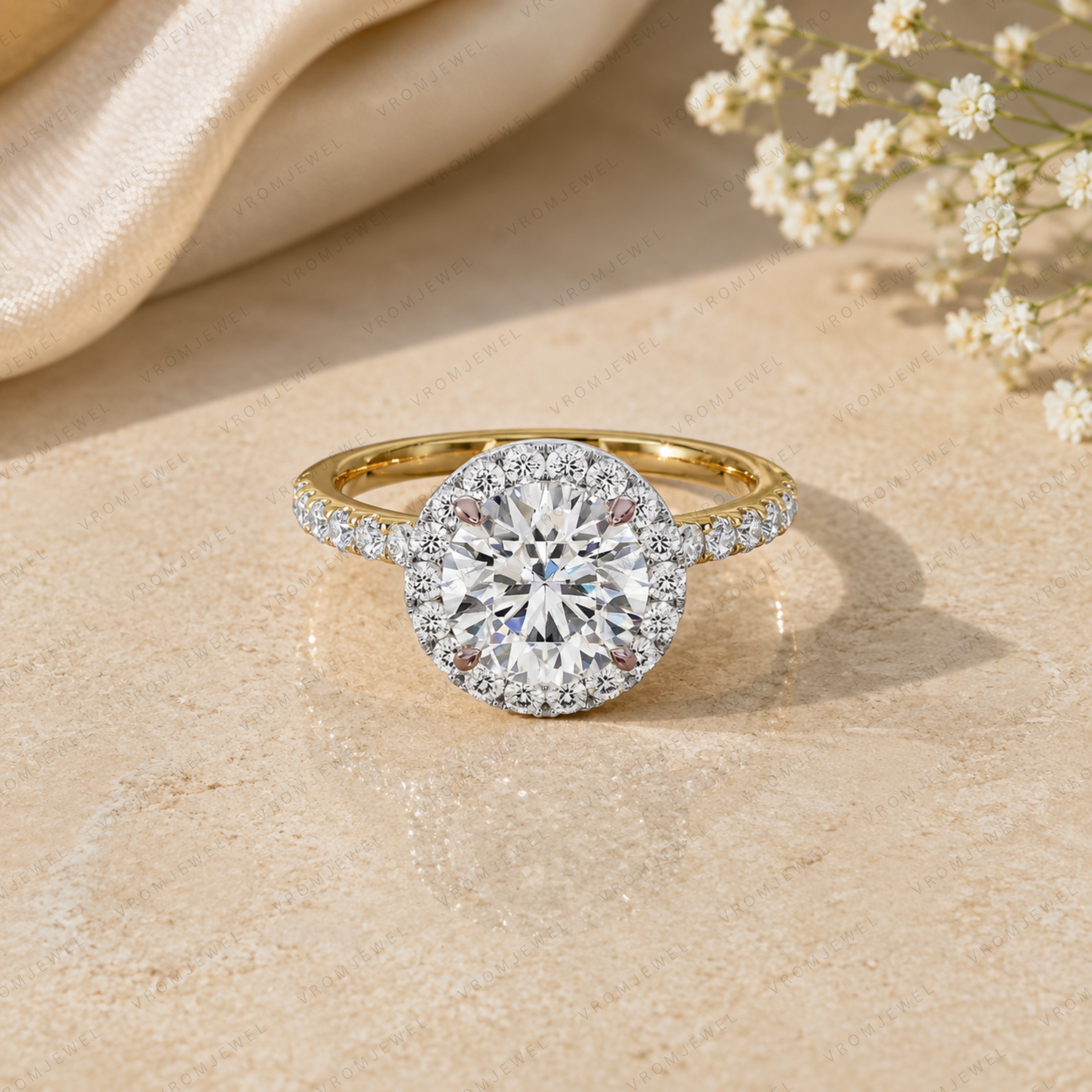 Round Shape Lab Grown Diamond Halo Engagement Ring in Solid 14K Gold
