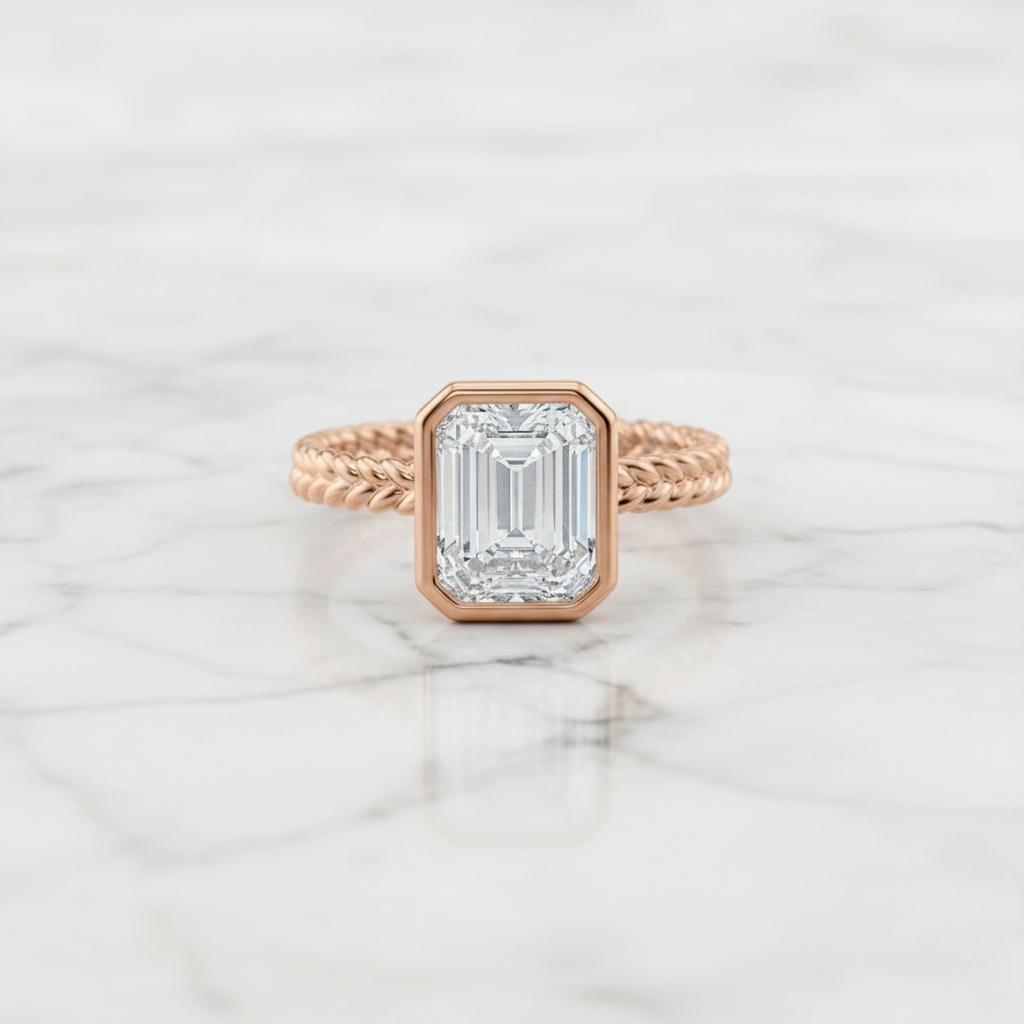 Modern Twisted Rope Emerald Cut Ring | Lab Grown Diamond | 14K Yellow Gold Classic Style