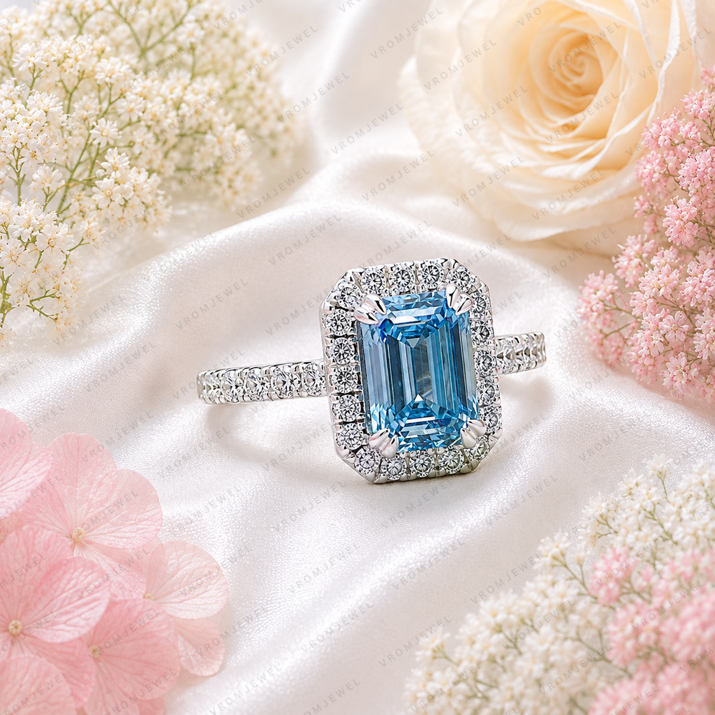 Blue Emerald Cut Lab Grown Diamond Ring, 1.50 Carat Blue Diamond Engagement Ring, Emerald Cut Halo Ring, Round Diamond Accents, Pavé Band