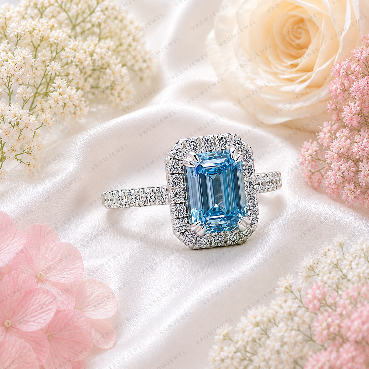 Blue Emerald Cut Lab Grown Diamond Ring, 1.50 Carat Blue Diamond Engagement Ring, Emerald Cut Halo Ring, Round Diamond Accents, Pavé Band