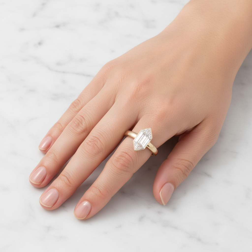 Elongated Hexagon Step Cut Bezel Set Ring | Lab Grown Diamond | 14K Yellow Gold Solitaire
