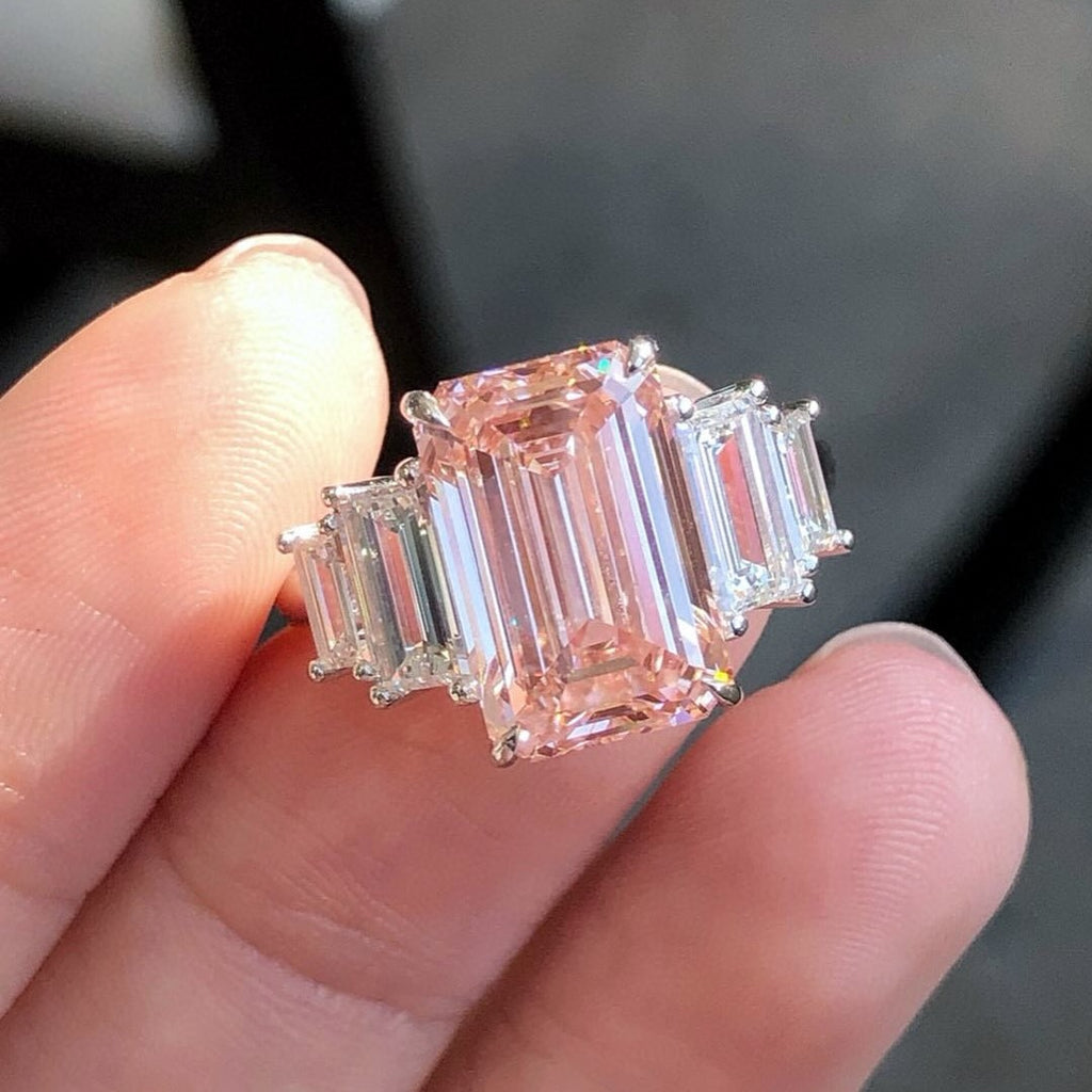 Art Deco Pink Emerald Cut Ring with Baguette Side Stones | Lab Grown Diamond | 14K Yellow Gold