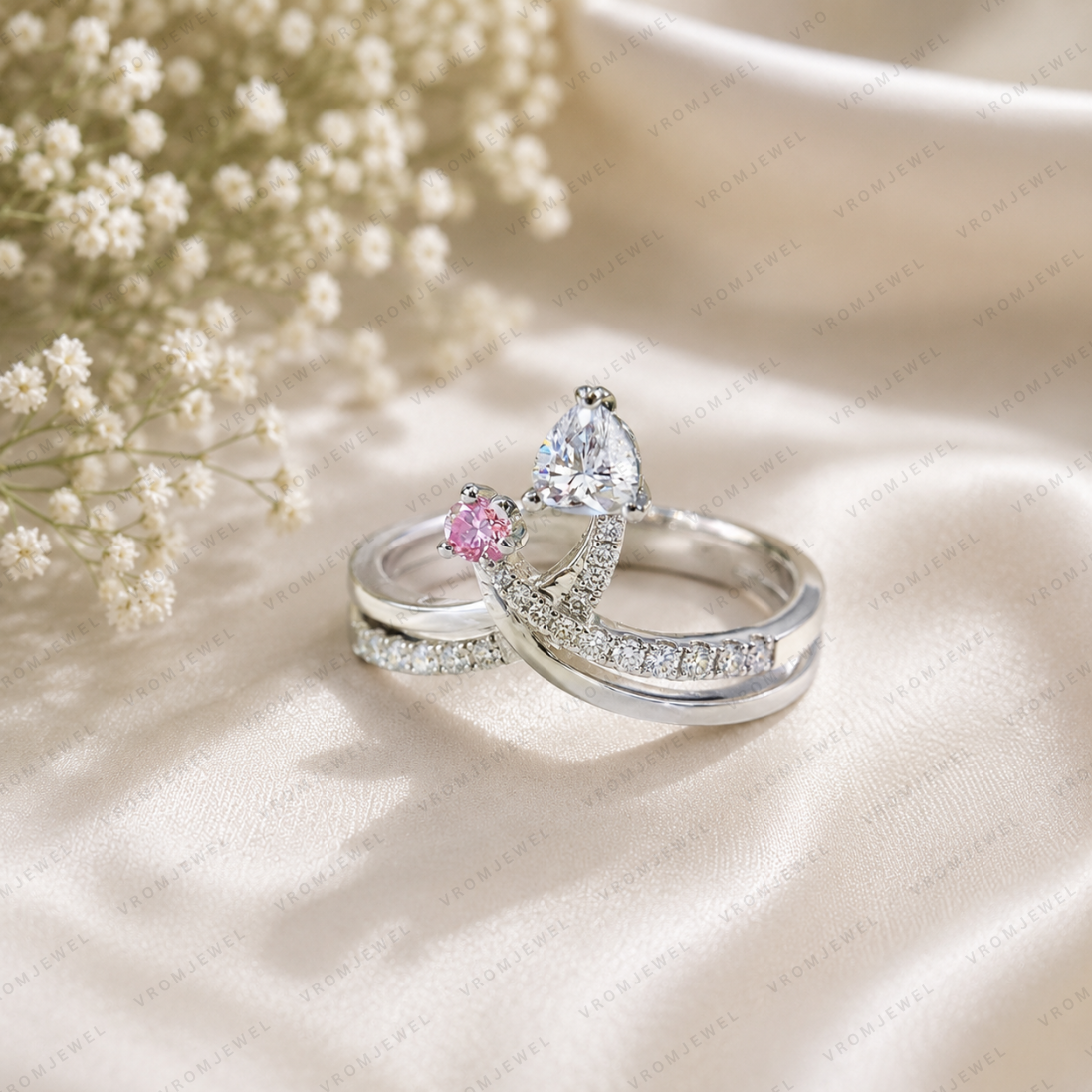 Heart and Pink Round Lab Grown Diamond Toi et Moi Ring, Two Stone Engagement Ring, Unique Bridal Ring, 10K 14K 18K Gold