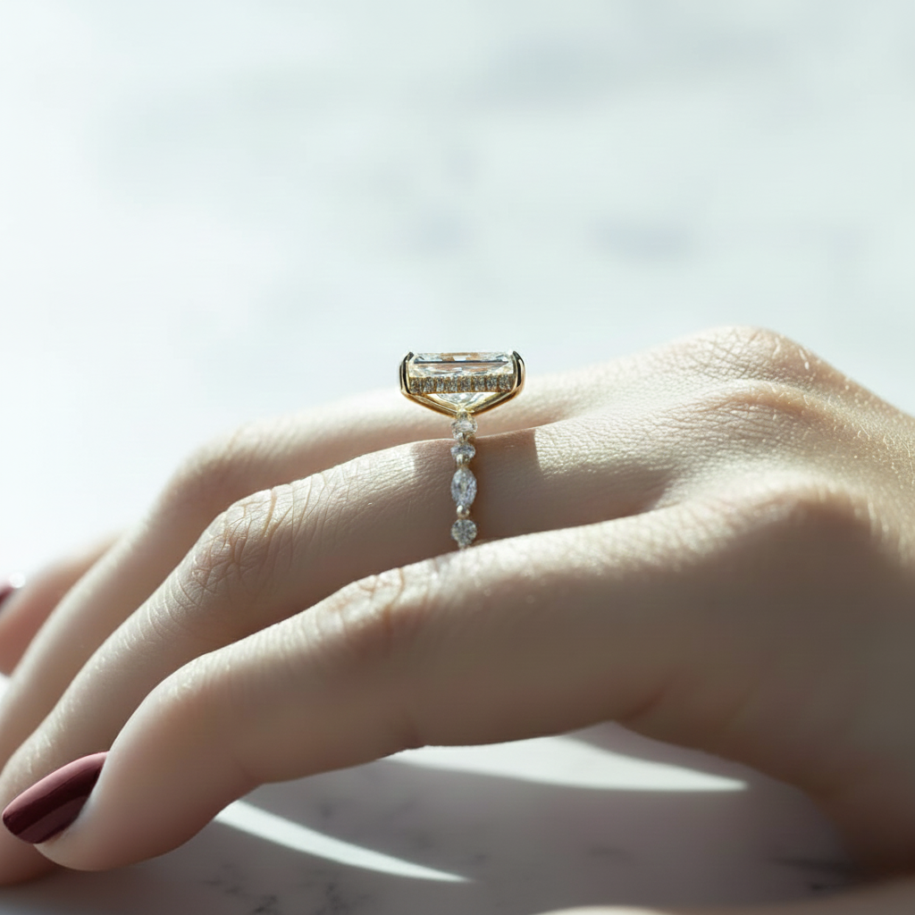 3CT Radiant Cut Solitaire Ring with Marquise Accent | Lab Grown Diamond | 14K Yellow Gold