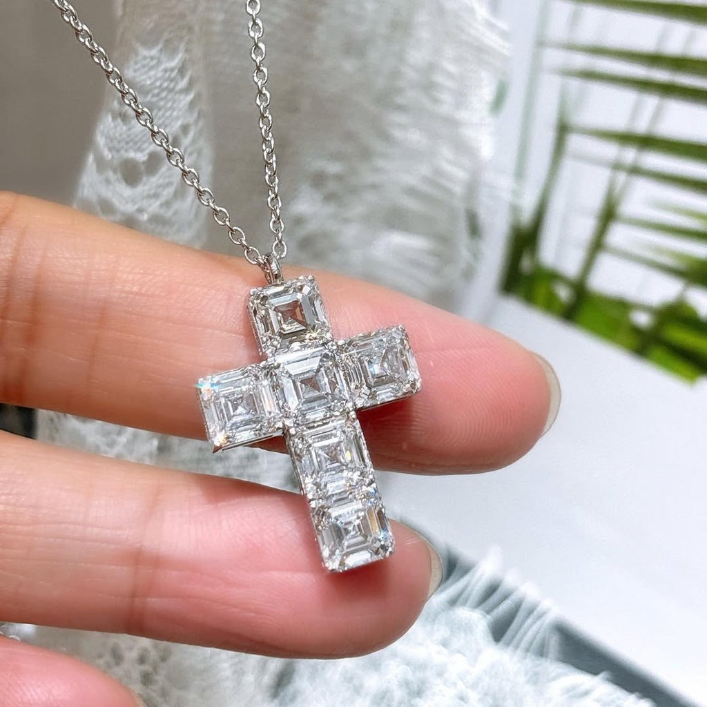 Cross Pendant Necklace Asscher Cut | Lab Grown Diamond | 14K Yellow Gold
