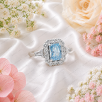 Blue Radiant Cut Lab Grown Diamond Ring, 2 Carat Blue Diamond Engagement Ring, Halo Ring, Baguette Side Stones, Statement Ring, 10K 14K 18K